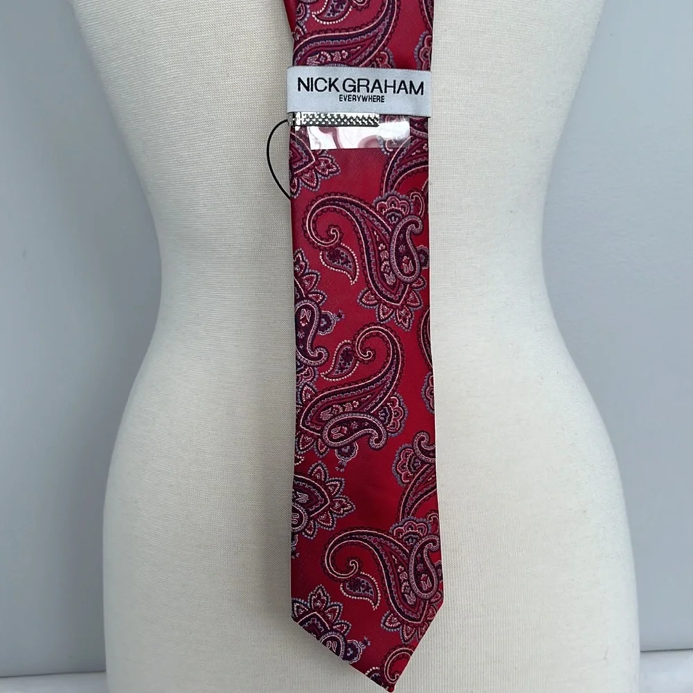 Necktie & Clip Set Nick Graham Handmade Mens Red Blue Paisley Neck Tie - Picture 6 of 11